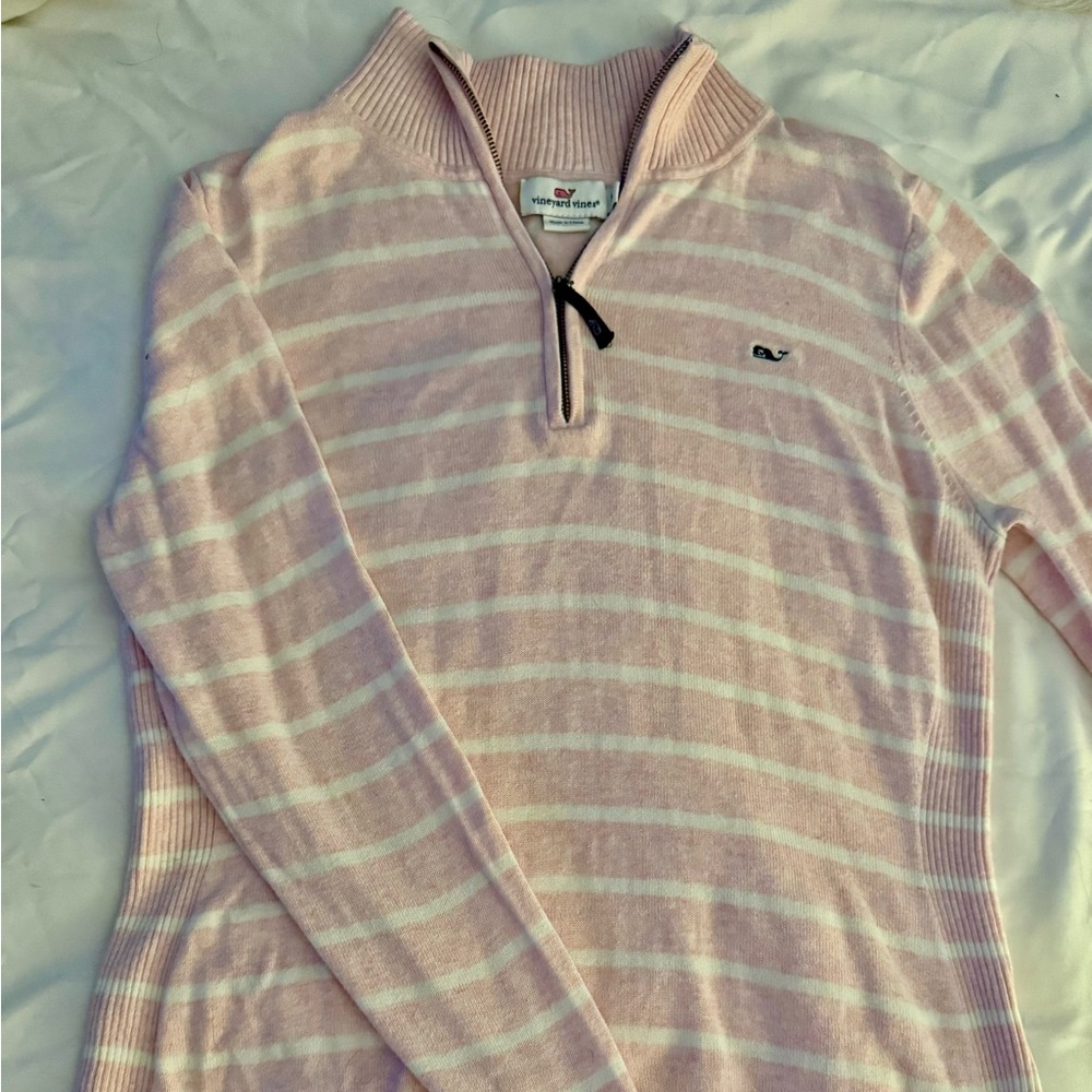 Vineyard Vines Pink and White Quarter Zip Sweater